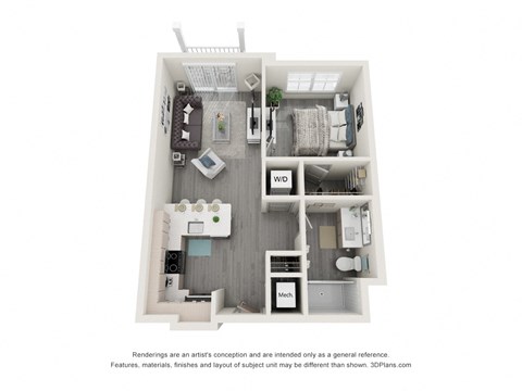 Floor plan for 1 bed, 1 bath, 635 sqft